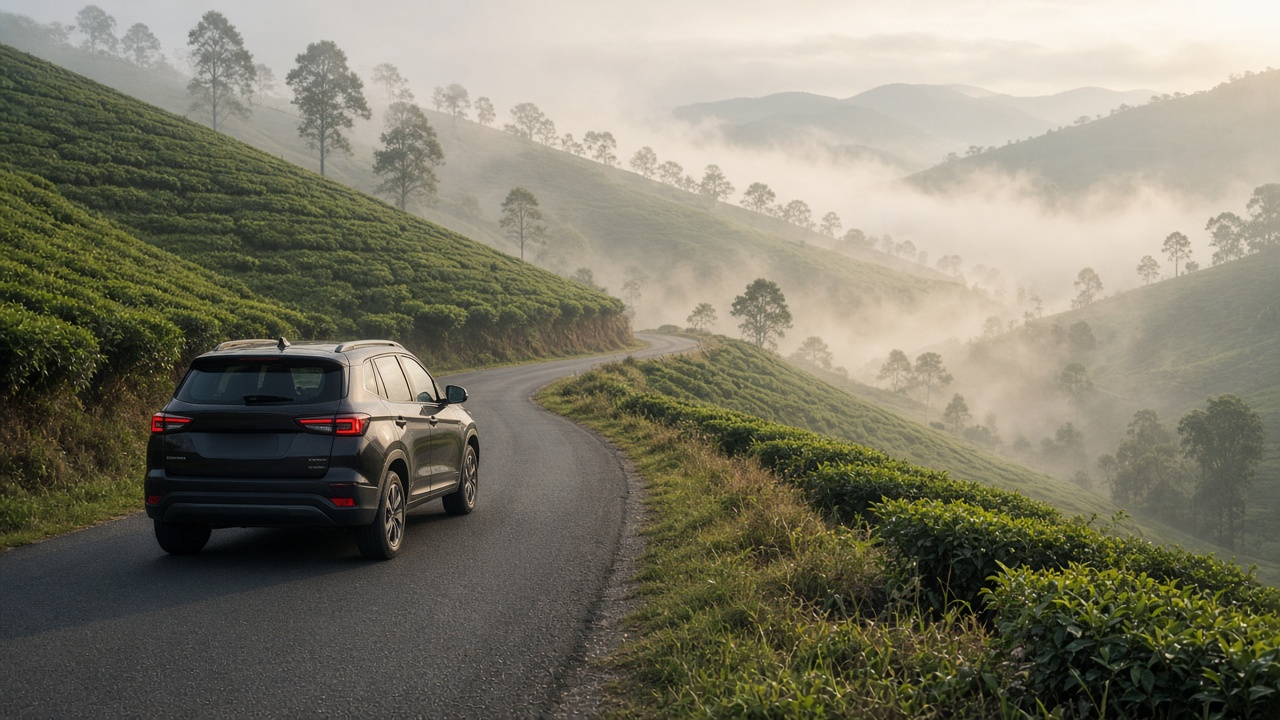 紅茶高原の道路を走る専用SUV